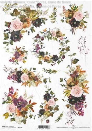 Papier ryżowy A4 ITD R1836 do decoupage kwiaty