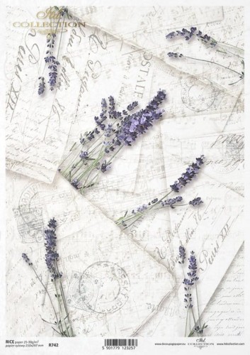 Papier ryżowy A4 ITD R0742 do decoupage lawenda listy