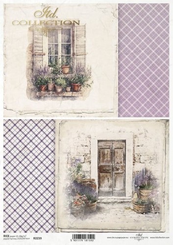 Papier ryżowy A4 ITD R2239 do decoupage, lawenda, kwiat , lawenda w doniczce przed domem, kratka