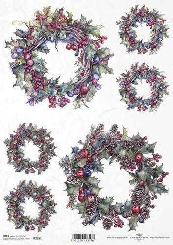 Papier ryżowy A4 ITD R2291 do decoupage zimowe wianki szyszki