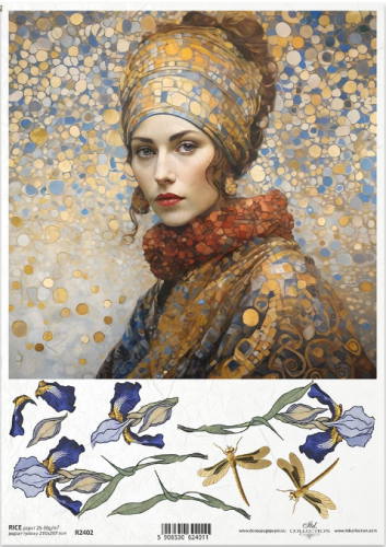 Papier ryżowy A4 ITD R2402 do decoupage kobiety złoto ważki