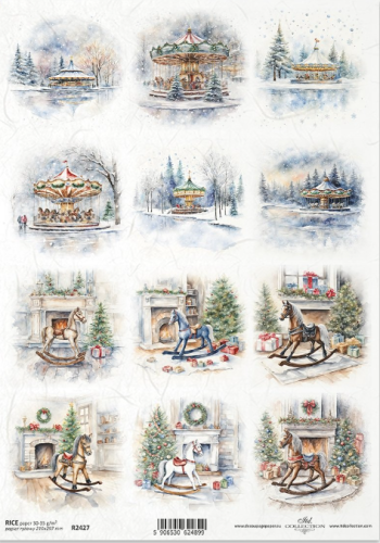 Papier ryżowy A4 ITD R2427 do decoupage Karuzele Koniki na biegunach