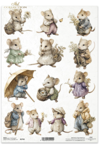 Papier ryżowy A4 ITD R2790 do decoupage myszki wiosna