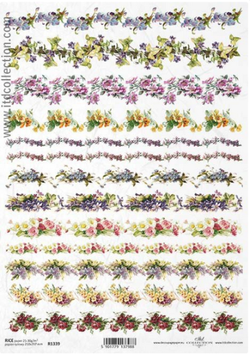 Papier ryżowy A4 ITD R1339 do decoupage kwiaty paski